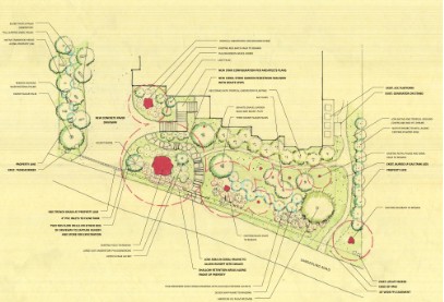 Hand-drawn yellow trace concept plan with red bubble diagram and annotations