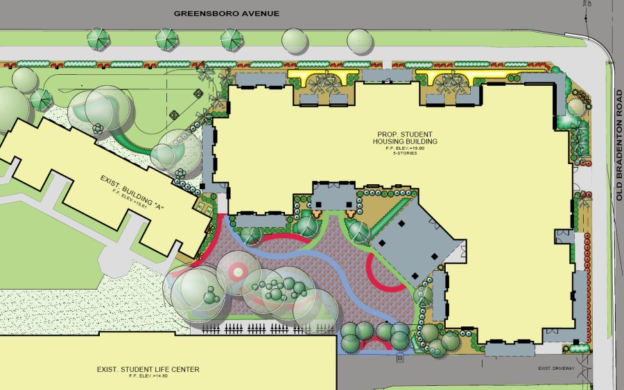 Site plan rendering for Ringling College student housing courtyard and landscape design