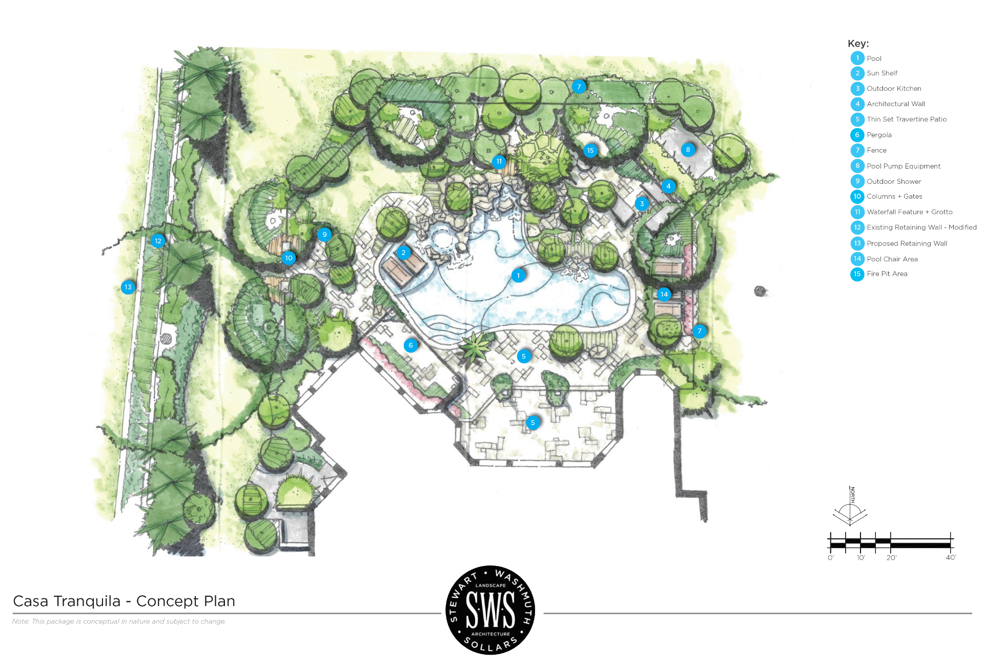 Casa Tranquila hand-rendered landscape concept plan with pool, pergola, fire pit, and planting design